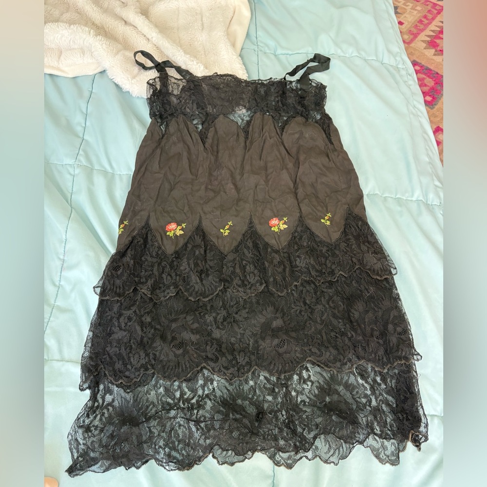 Vintage Black Lace Slip Dress with Floral Embroidery